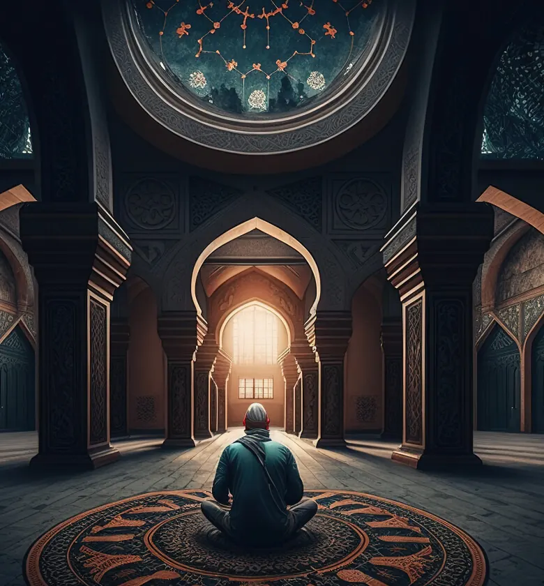 A worshipper praying inside an ornate mosque hall